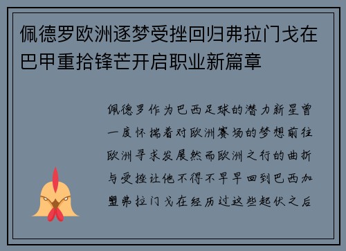 佩德罗欧洲逐梦受挫回归弗拉门戈在巴甲重拾锋芒开启职业新篇章 佩德罗欧洲逐梦受挫回归弗拉门戈在巴甲重拾锋芒开启职业新篇章